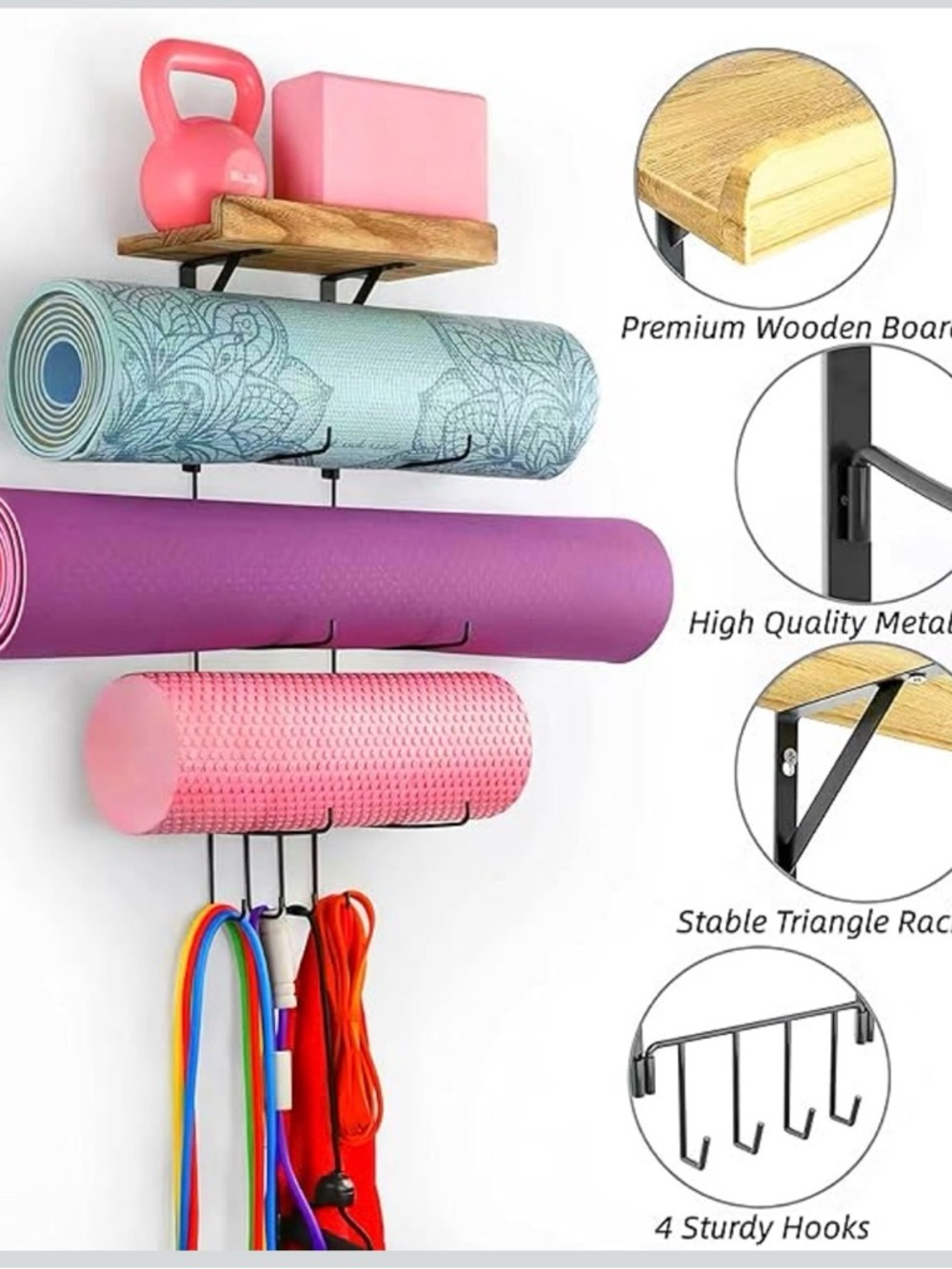 Wall-Mounted Fitness Rack with Wooden Shelf